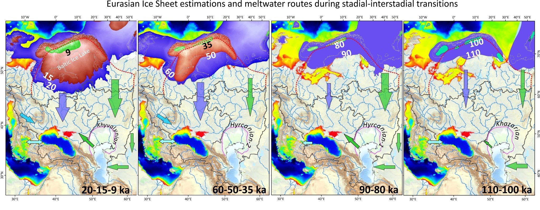  Estimaciones del casquete de hielo euroasiático y rutas de agua de fusión durante transiciones estadial-interestadial, en relación con los altos niveles del mar Negro/ Erturaç et al