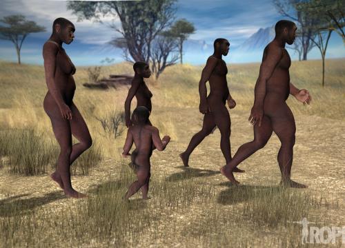 Group of hominids walking in the savanna/Jesús Rodríguez