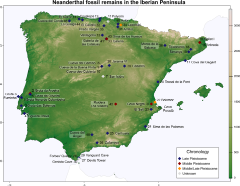 Mapa de los neandertales ibéricos y sus antepasados analizados en este trabajo