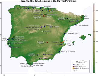 Mapa de los neandertales ibéricos y sus antepasados analizados en este trabajo Mapa de los neandertales ibéricos y sus antepasados analizados en este trabajo
